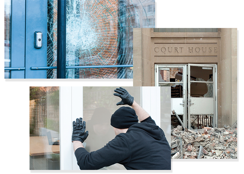 A collage of three images, one of a broken window, another one of broken glass door, and another one of a criminal looking into a window.