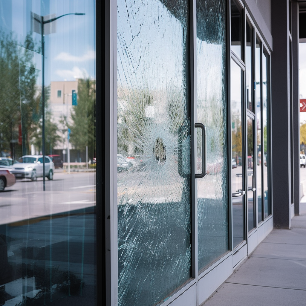 A store front with broken glass doors.